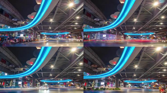 未来的曼谷夜晚时间变换穿梭穿行立体交通