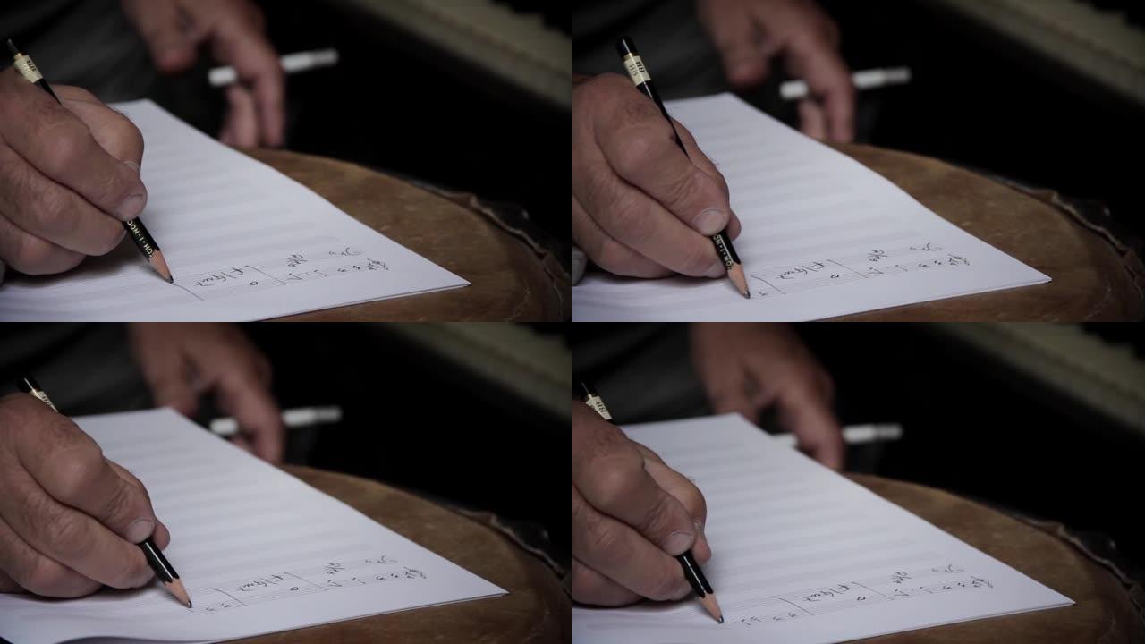男性用铅笔写音乐笔记。
