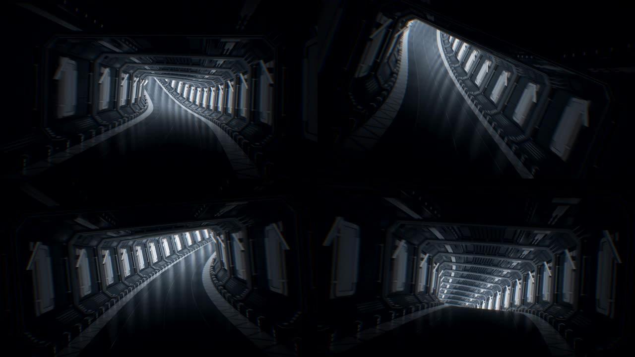 美丽的快速飞行穿过无尽的抽象隧道。在未来派宇宙飞船隧道中移动循环3d动画。无缝CG。未来主义技术概念