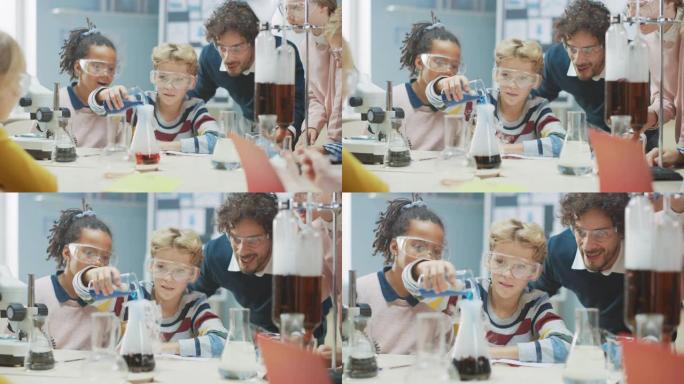 小学科学教室: 热情的老师向不同的孩子解释化学，小男孩在烧杯中混合化学物质。孩子们有兴趣学习