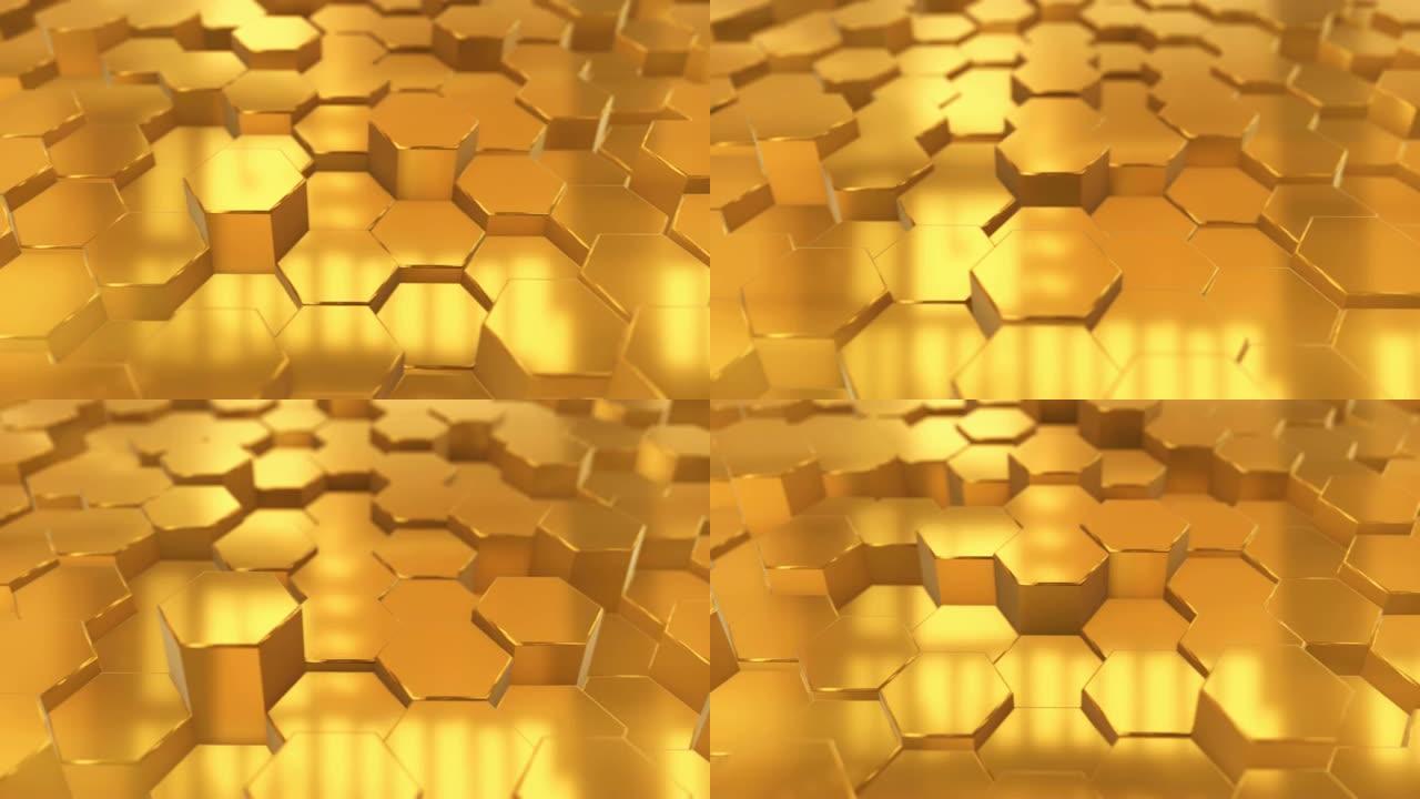 抽象无缝循环动画背景由闪亮的金色六边形制成