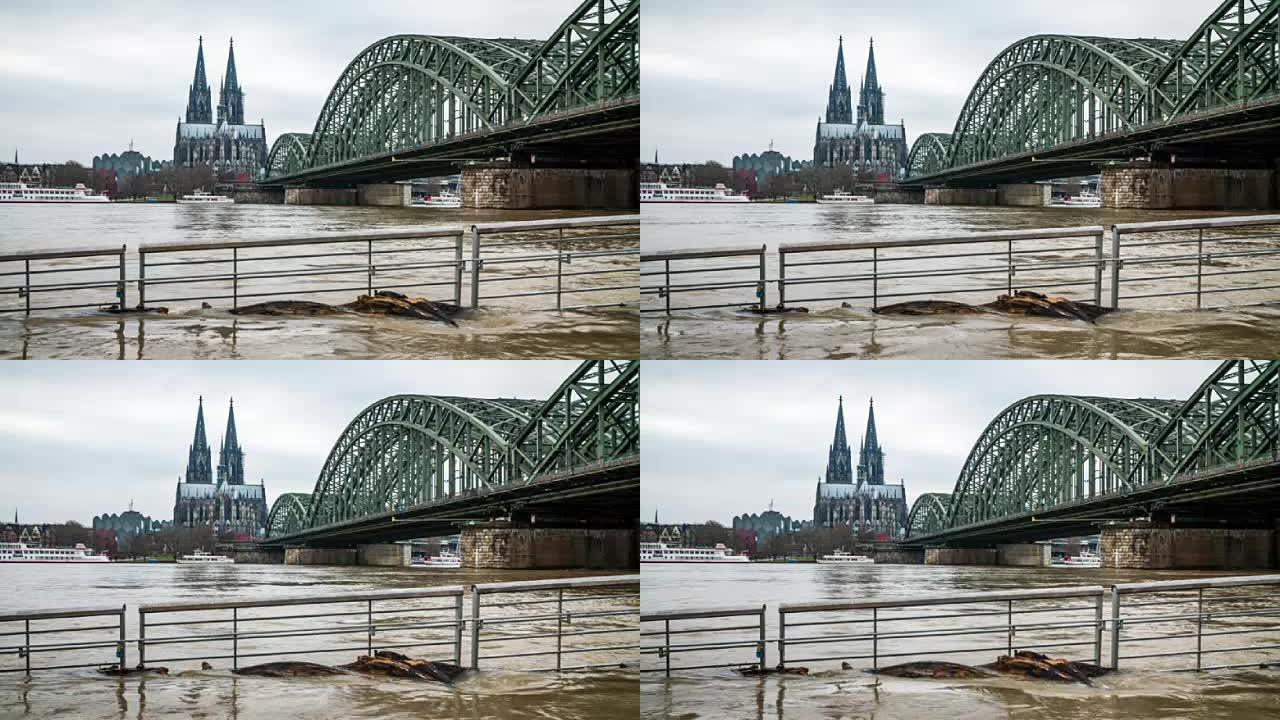 德国科隆的洪水河水泛滥