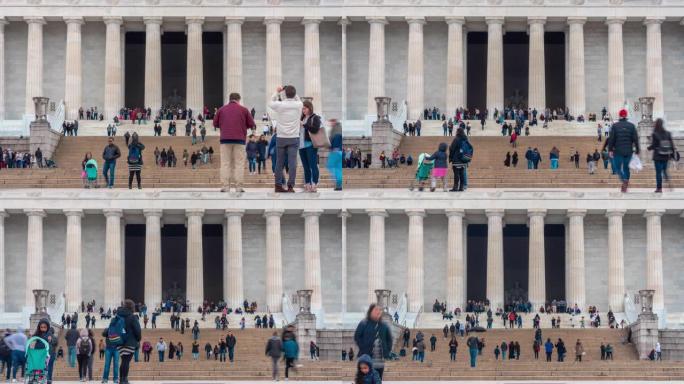 4K时间流逝林肯纪念堂位于美国华盛顿特区的国家广场上，有许多人和游客，建筑和吸引力概念