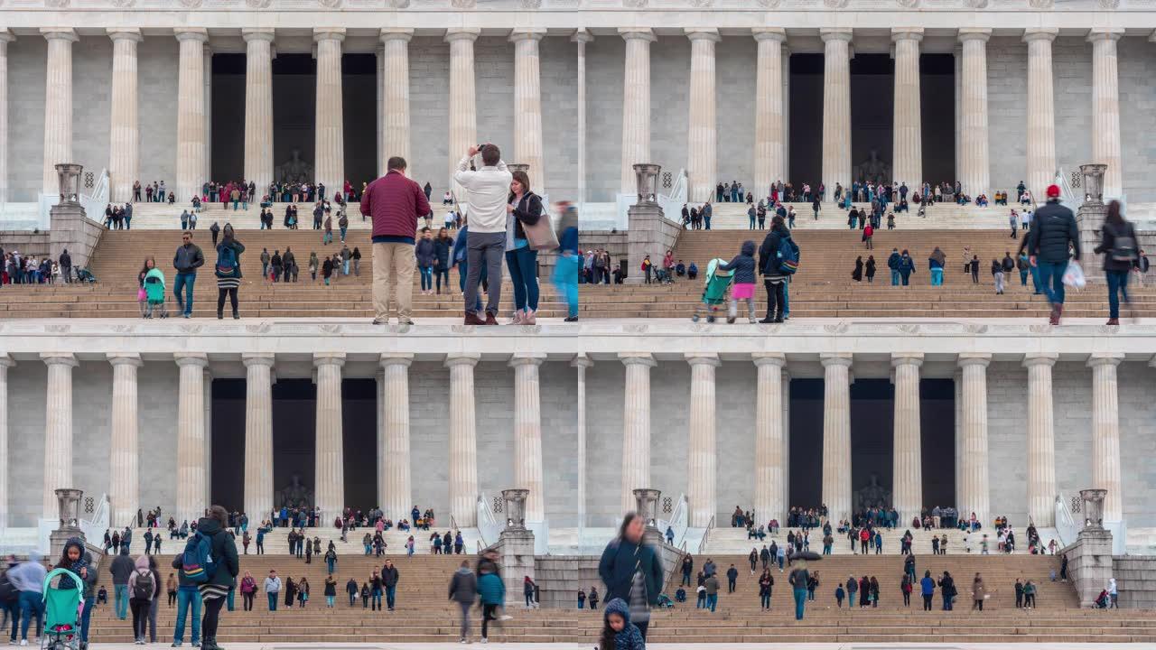4K时间流逝林肯纪念堂位于美国华盛顿特区的国家广场上，有许多人和游客，建筑和吸引力概念
