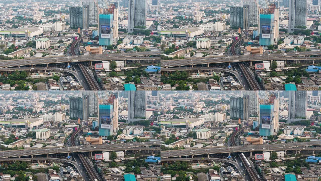 曼谷奇幻城市景观的4k时间流逝，带高速公路交通路口和曼谷黄昏高峰时段的建筑施工，带城市景观概念的交通