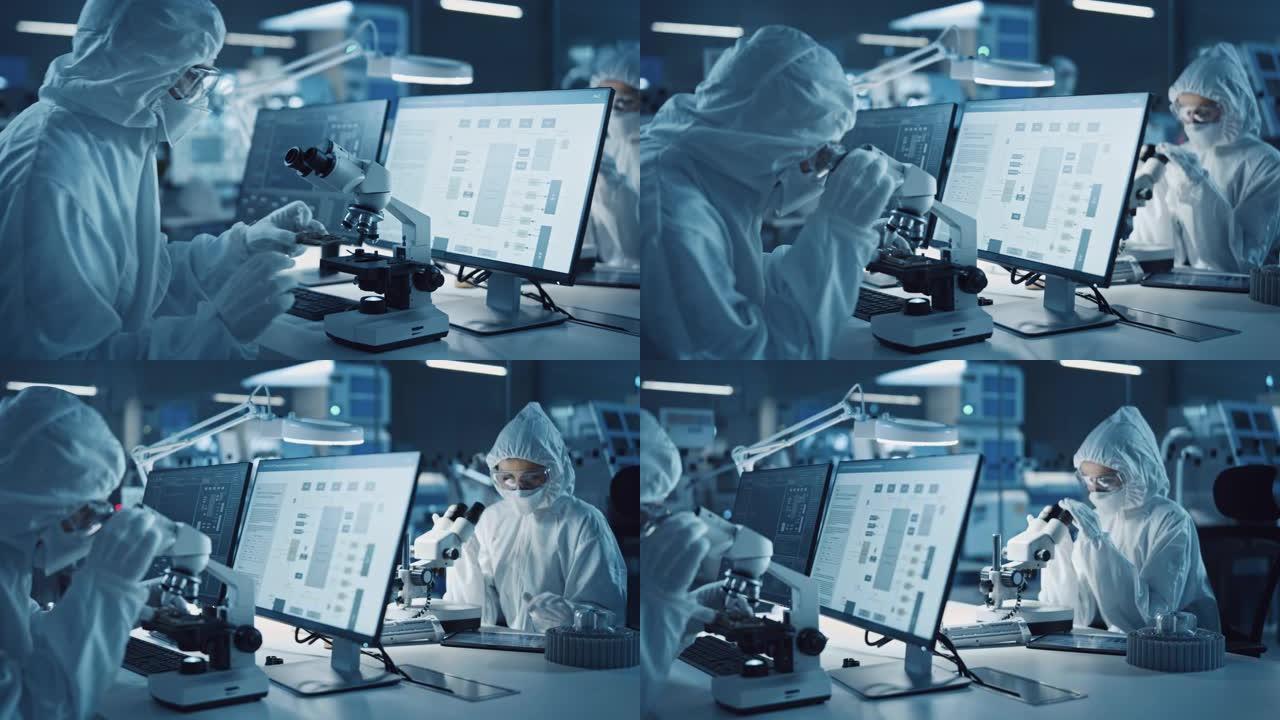 研究工厂洁净室: 穿着工作服和手套的工程师/科学家使用显微镜检查主板微处理器组件，开发高科技现代电子