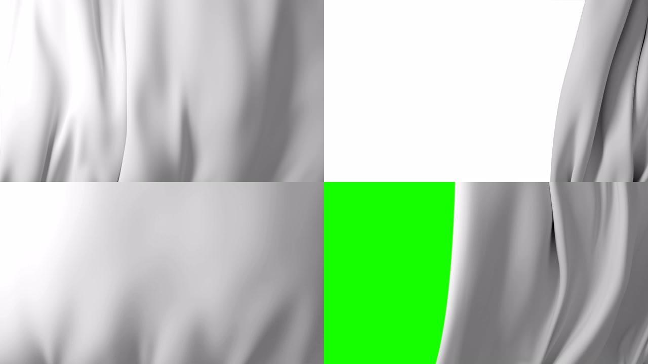 美丽的白色飘扬窗帘被风吹走，打开背景。带阿尔法哑光的循环3d动画。抽象波浪形丝布表面运动显屏。