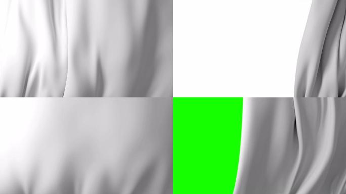 美丽的白色飘扬窗帘被风吹走，打开背景。带阿尔法哑光的循环3d动画。抽象波浪形丝布表面运动显屏。