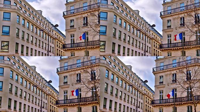 法国国旗在空中。住宅区。巴黎天际线