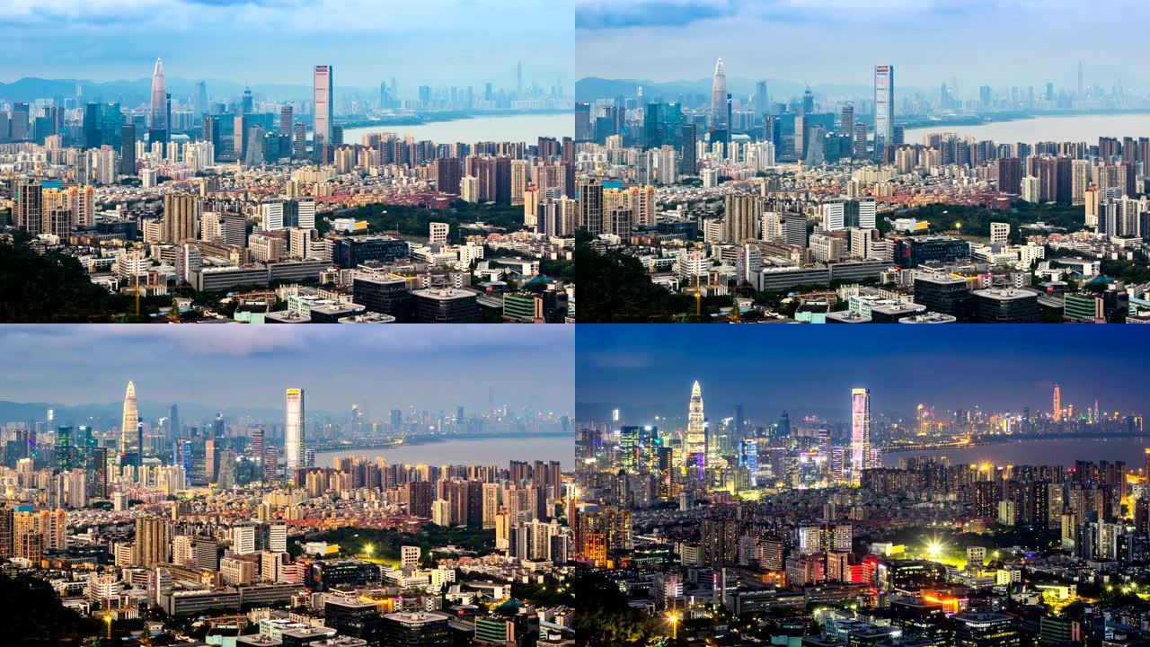 深圳湾和后海城市天际线从白天到晚上的时间流逝/中国深圳。