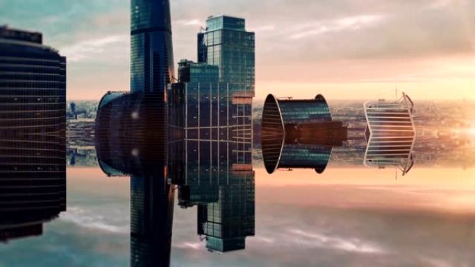 未来城市空中背景。镜像效应