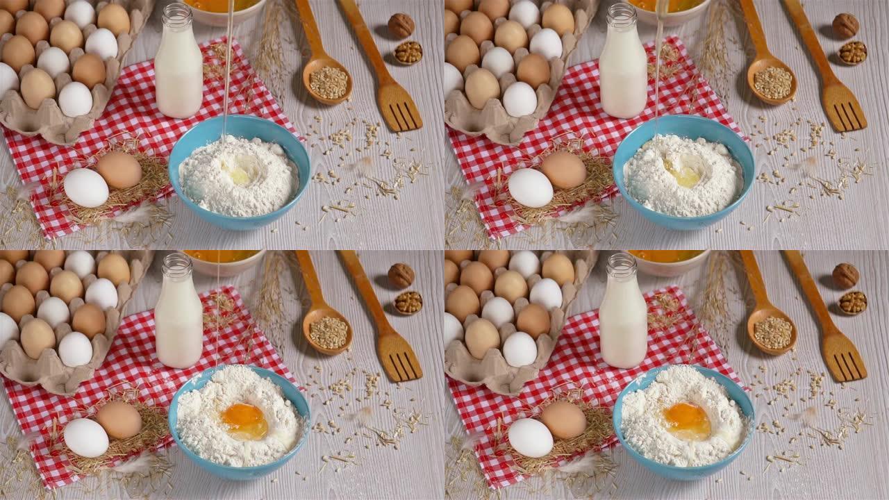 白木桌上面粉中的鸡蛋，慢动作
