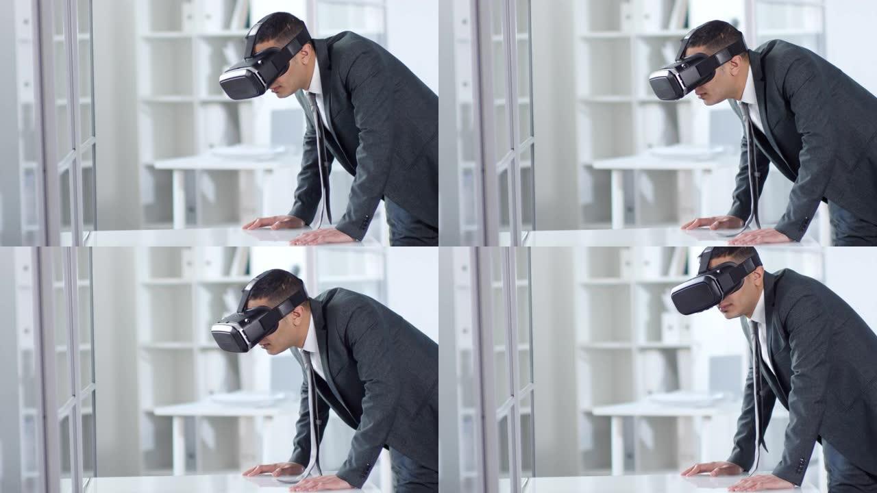 穿着西装的男人在办公室使用VR耳机
