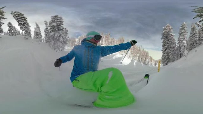 360 VR: 初学者滑雪者在黄色警告标志旁边的深粉雪中坠毁。