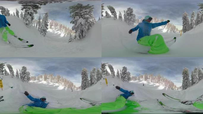 360 VR: 初学者滑雪者在黄色警告标志旁边的深粉雪中坠毁。