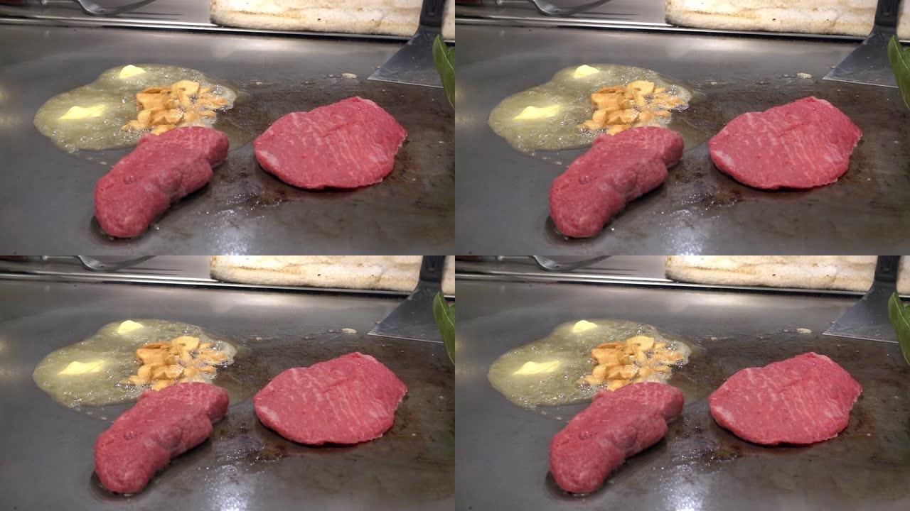 神户和牛牛肉烧烤烤肉的慢动作烹饪