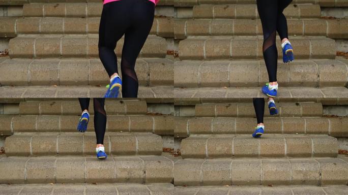 女运动员在运动场4k的台阶上锻炼