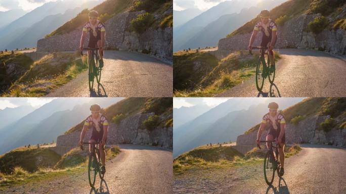 道路骑自行车上山风景秀丽的山路，被阳光照亮