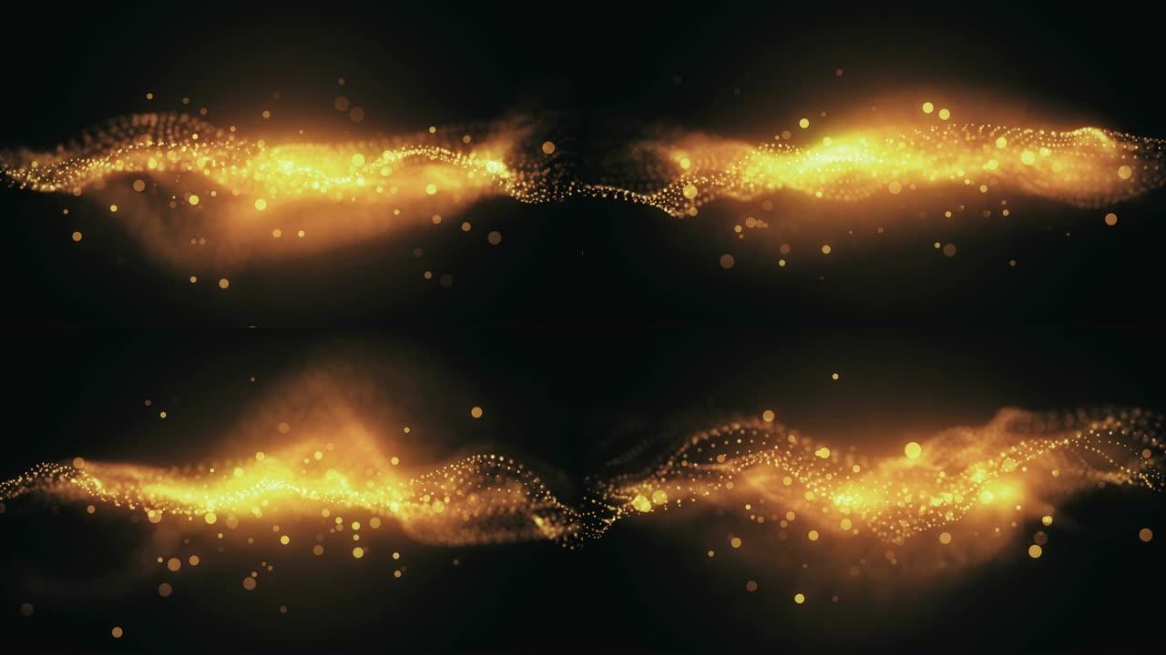 黄金背景的完美运动。黑色背景上有恒星的宇宙金色太阳尘埃。抽象粒子的运动。VJ无缝循环3d动画。