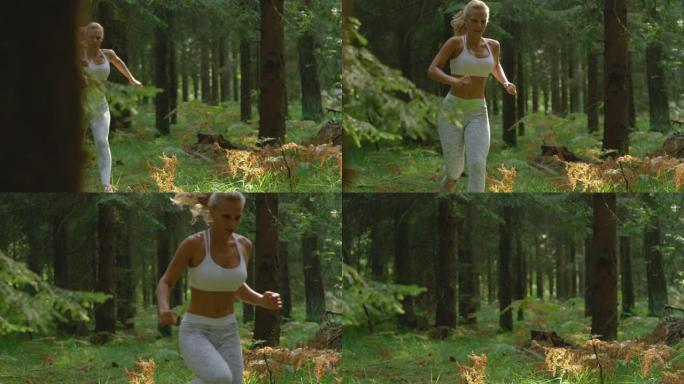 特写: 穿着运动胸罩和白色紧身裤的健康女孩在森林里慢跑。