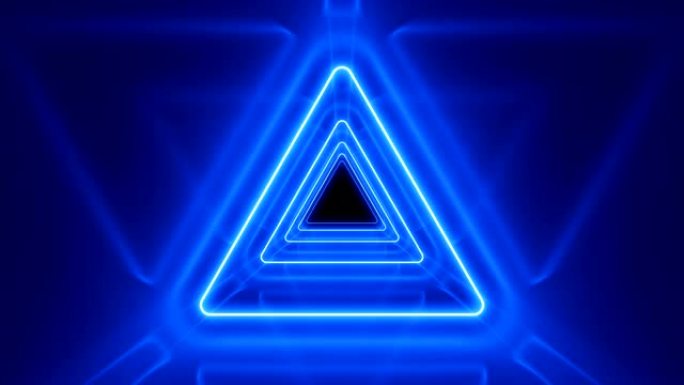 美丽的抽象三角隧道，霓虹灯线快速移动。蓝色明亮的颜色。背景未来隧道与发光。循环3d动画艺术概念。