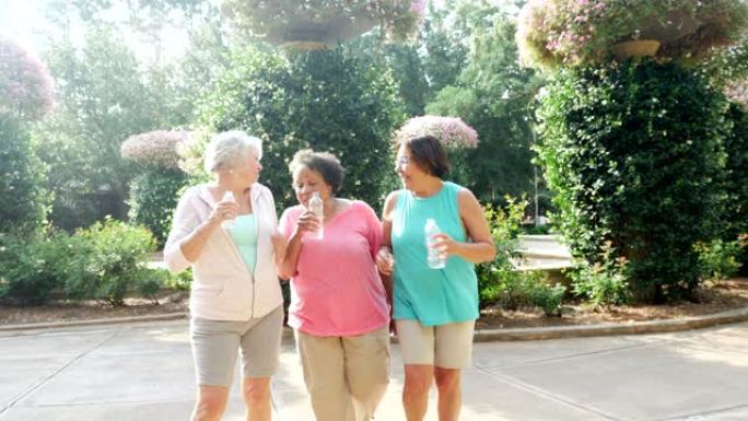 三个老年妇女走路，说话，嘲笑公园