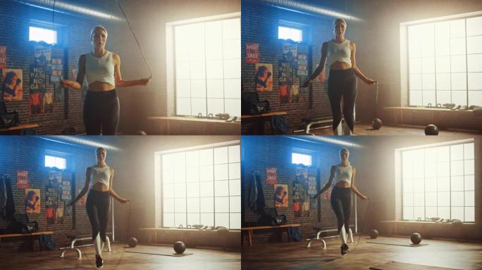 在阁楼风格的工业健身房里，用跳绳锻炼金发碧眼的女性。她进行激烈的交叉健身训练计划。设施墙上有励志海报