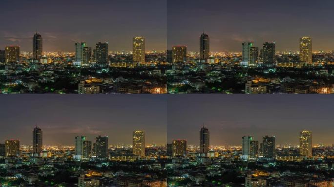 曼谷城市景观的4k时间流逝，雷电和暴风雨笼罩着建筑物和夜晚的云