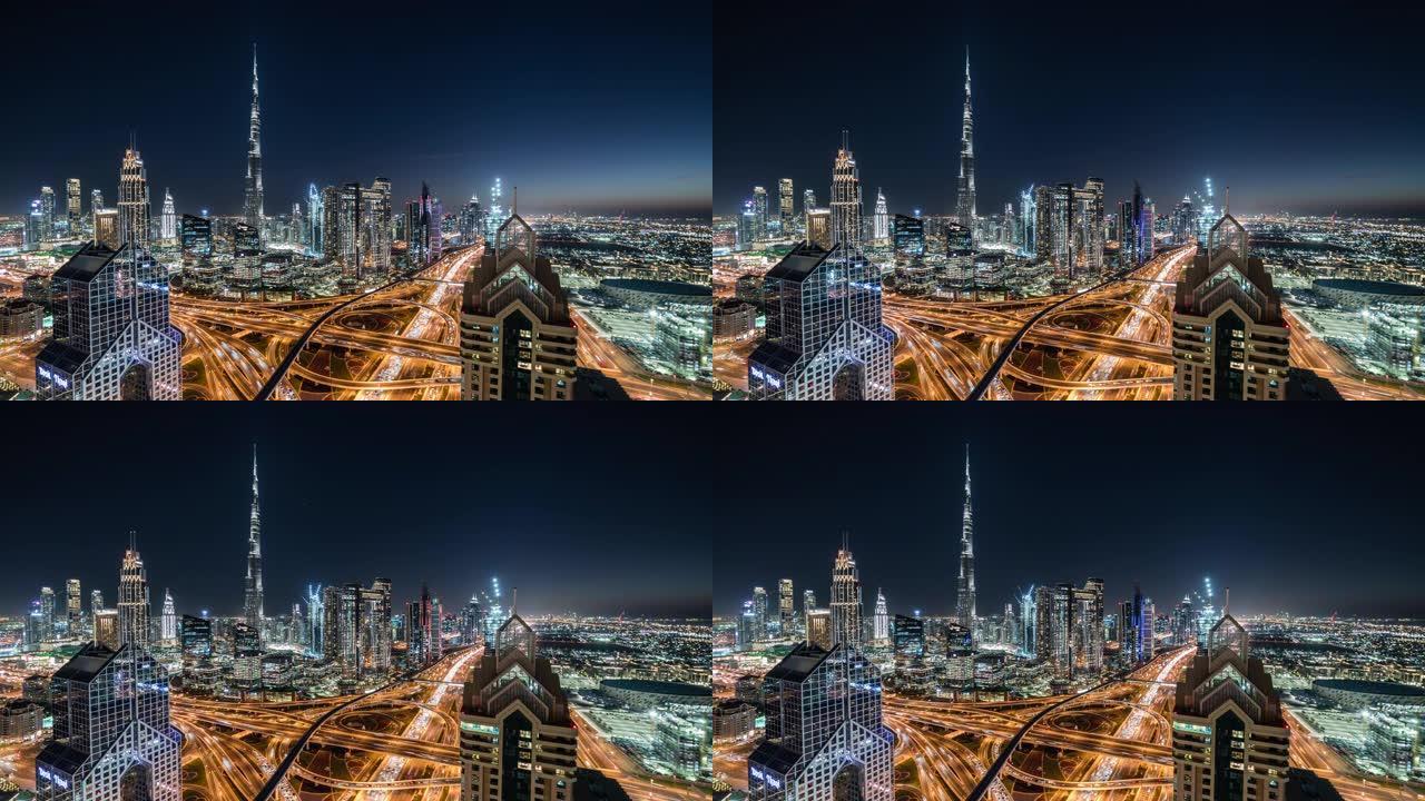 阿联酋迪拜夜间/迪拜天际线的T/L高角度视图