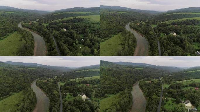 探索荒野。有河的山地景观。鸟瞰图