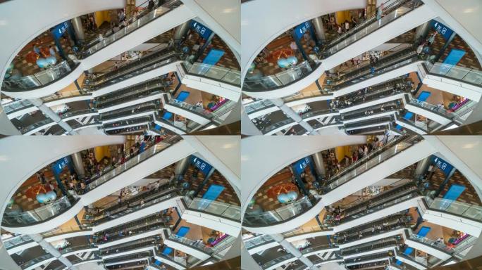 自动扶梯的4k时间流逝和购物中心快速移动，购物中心和旅行生活方式的匿名人群拥挤