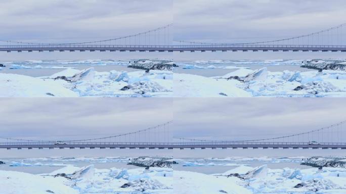 冰岛Jokulsarlon泻湖冰冷海洋上的WS桥