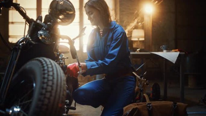 年轻漂亮的女机械师正在设计一辆定制的Bobber摩托车。穿着蓝色连体裤的天才女孩。她用棘轮扳手拧紧螺