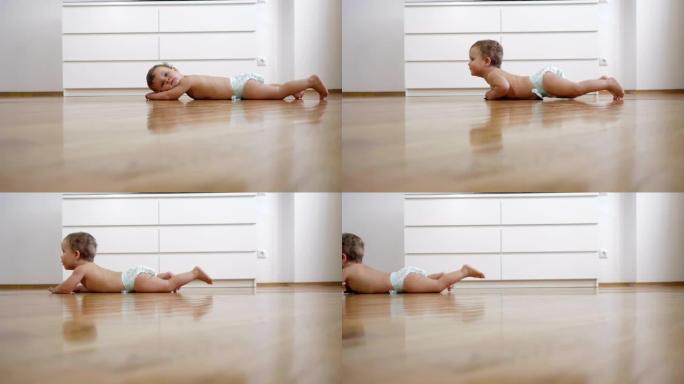 婴儿在地板上爬行。
