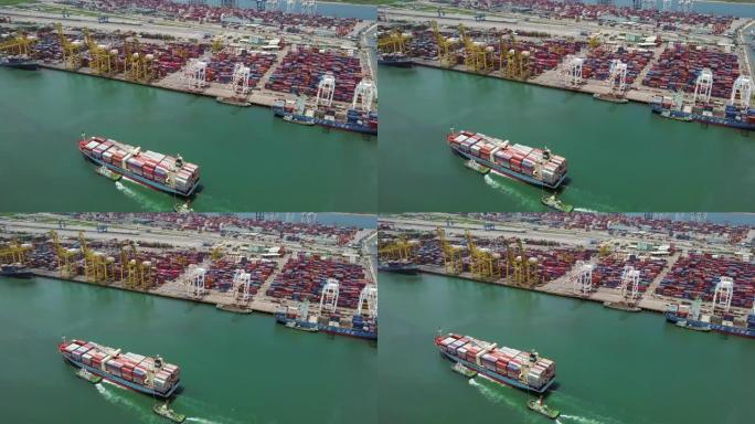 4k分辨率鸟瞰图集装箱货船在海上运送到泰国的码头港口、工业商业物流和运输