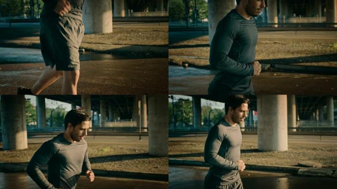 特写镜头，一个穿着运动服的肌肉发达的年轻人在街上慢跑。他在城市环境中奔跑，背景是汽车。