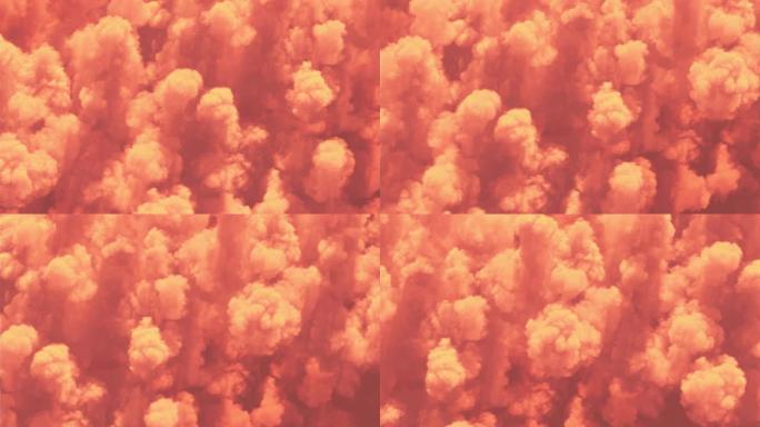 美丽的日落 (日出) 云顶视图无缝。在傍晚 (早晨) 的太阳下，在无尽的橙色云层上飞行循环3d动画。