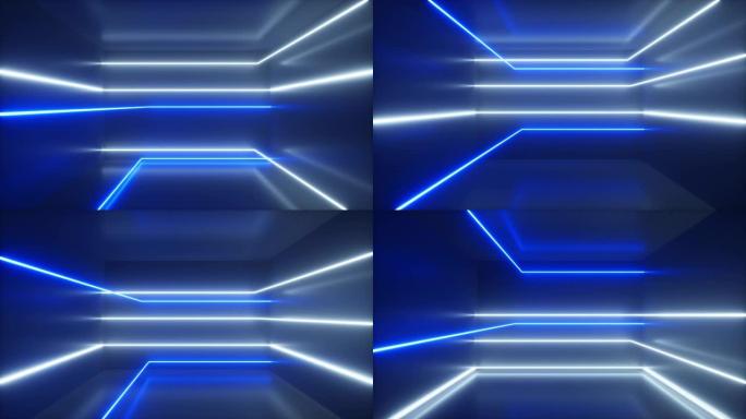 抽象背景，运动的霓虹灯，室内的夜光线，荧光紫外线，蓝白光谱，循环，无缝循环3d渲染