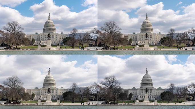 4K时间在美国国会大厦前的反射池，国会山，华盛顿特区，美国，建筑和吸引力的概念