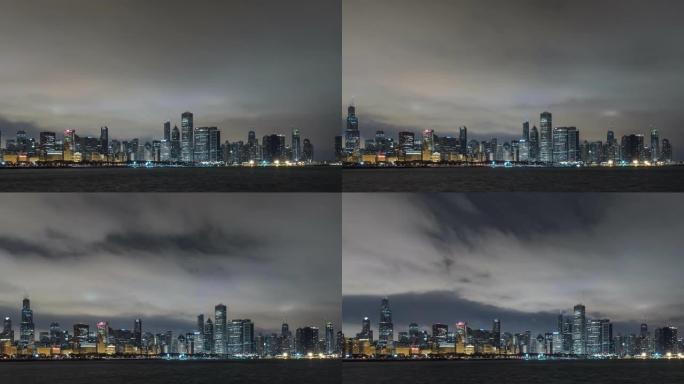 T/L在黎明时分用流动的云彩平移芝加哥的夜景/伊利诺伊州芝加哥