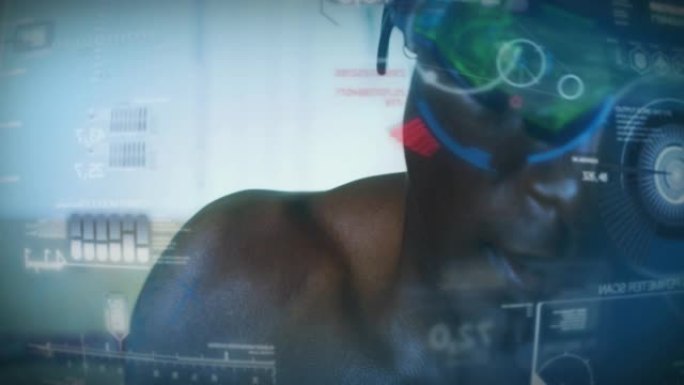 慢动作拍摄一名专业的年轻肌肉光着膀子的非洲男子戴着未来的vr眼镜，用最新的创新技术增强现实全息图练习