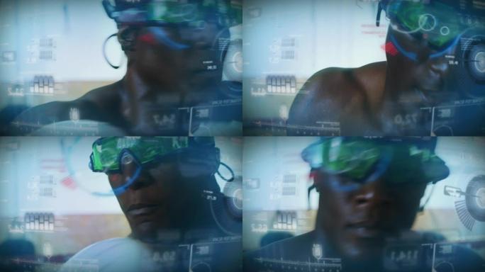 慢动作拍摄一名专业的年轻肌肉光着膀子的非洲男子戴着未来的vr眼镜，用最新的创新技术增强现实全息图练习