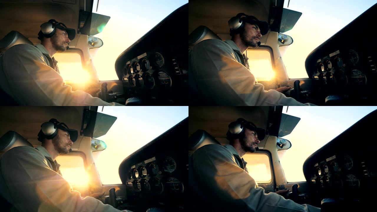 飞机驾驶舱的男飞行员，特写。驾驶舱视图。