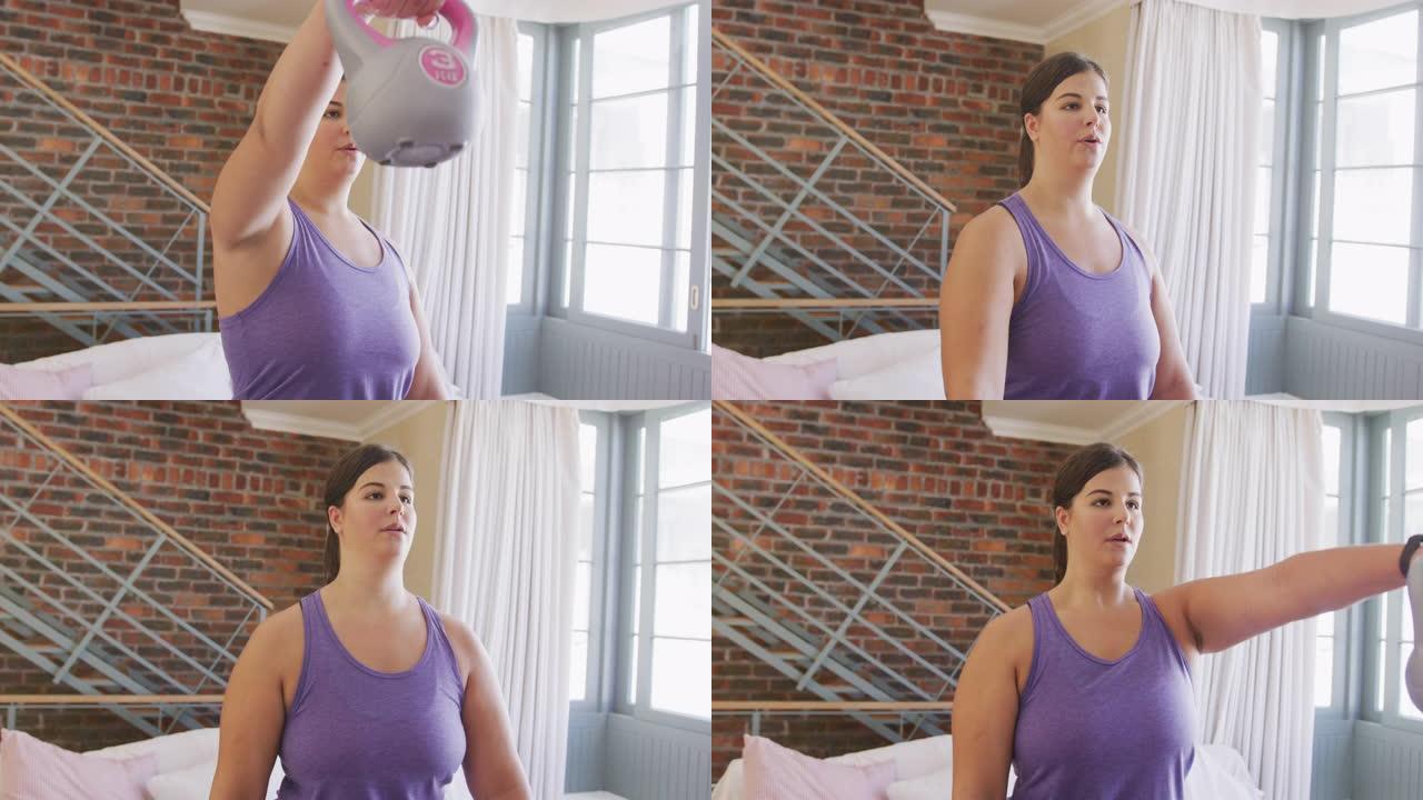 高加索vlogger女性在家锻炼