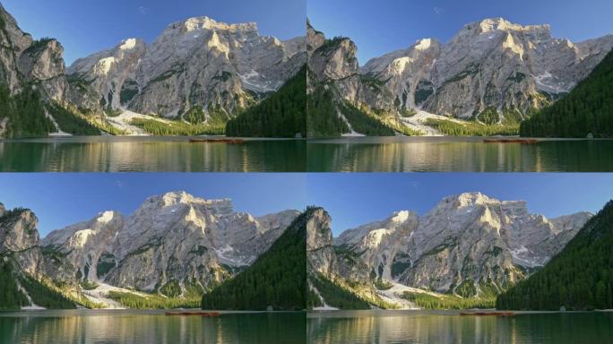 意大利南蒂罗尔的布莱斯湖和多洛米蒂湖全景照片。4K, UHD