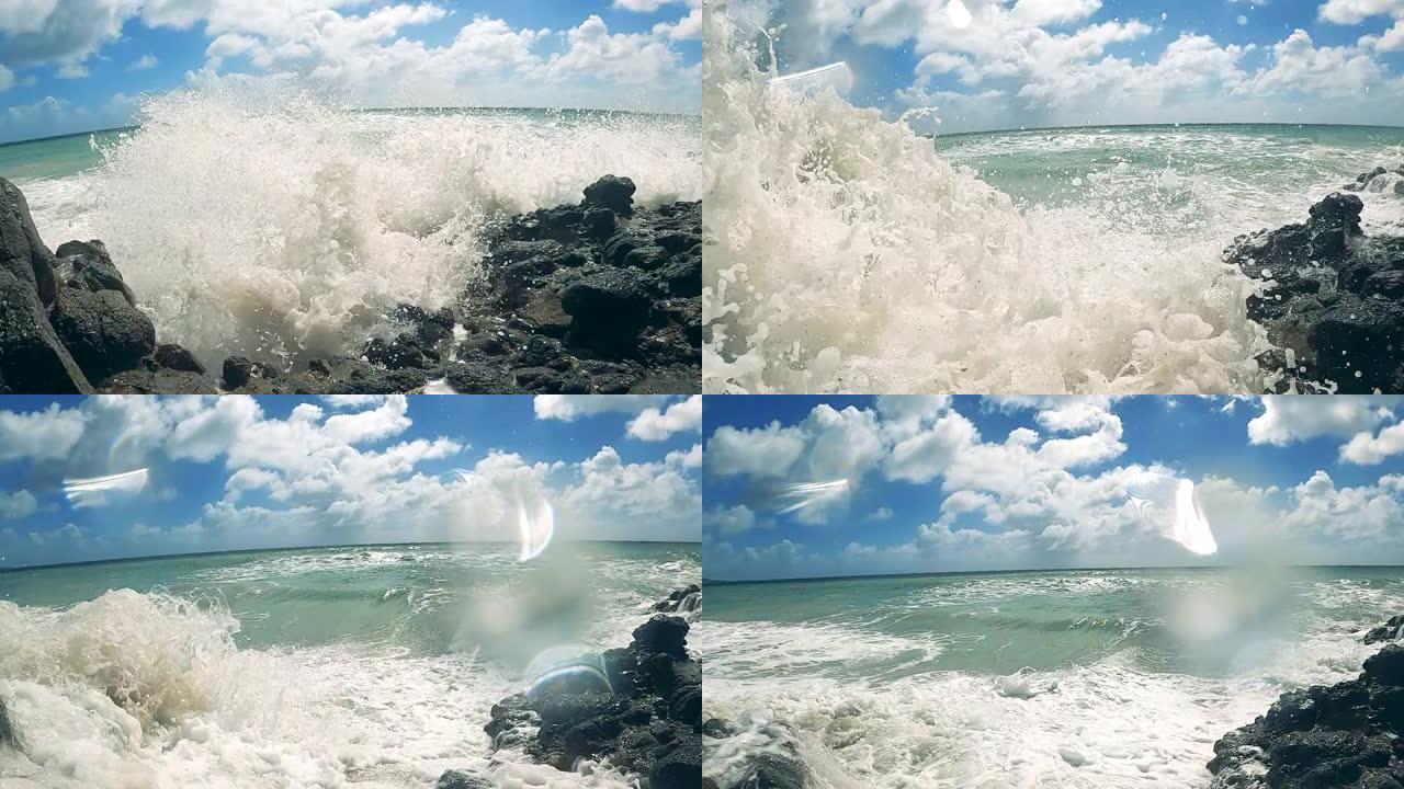 岩石海岸，海浪以慢动作冲刷