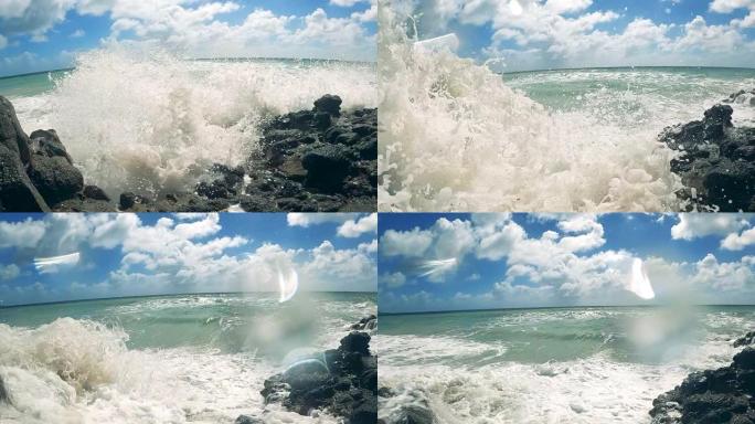 岩石海岸，海浪以慢动作冲刷