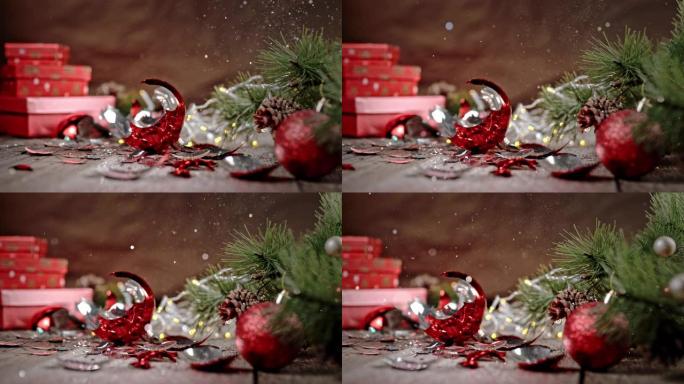 SLO MO DS闪光散落在一个破碎的圣诞球上