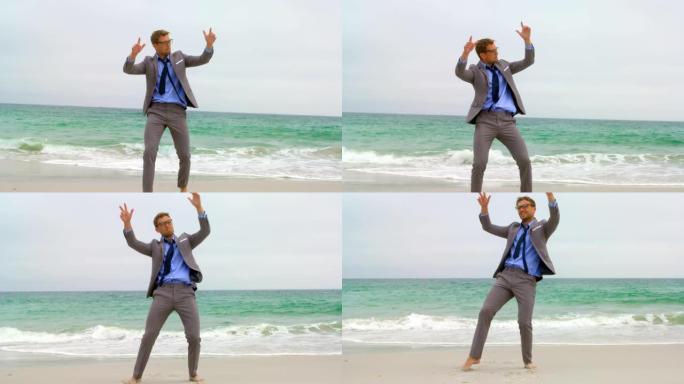 高加索商人在海滩上跳舞的前视图4k