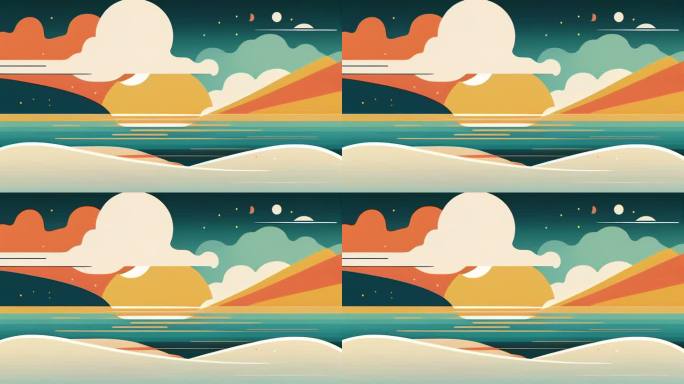 手绘卷云和落日的海景视频背景